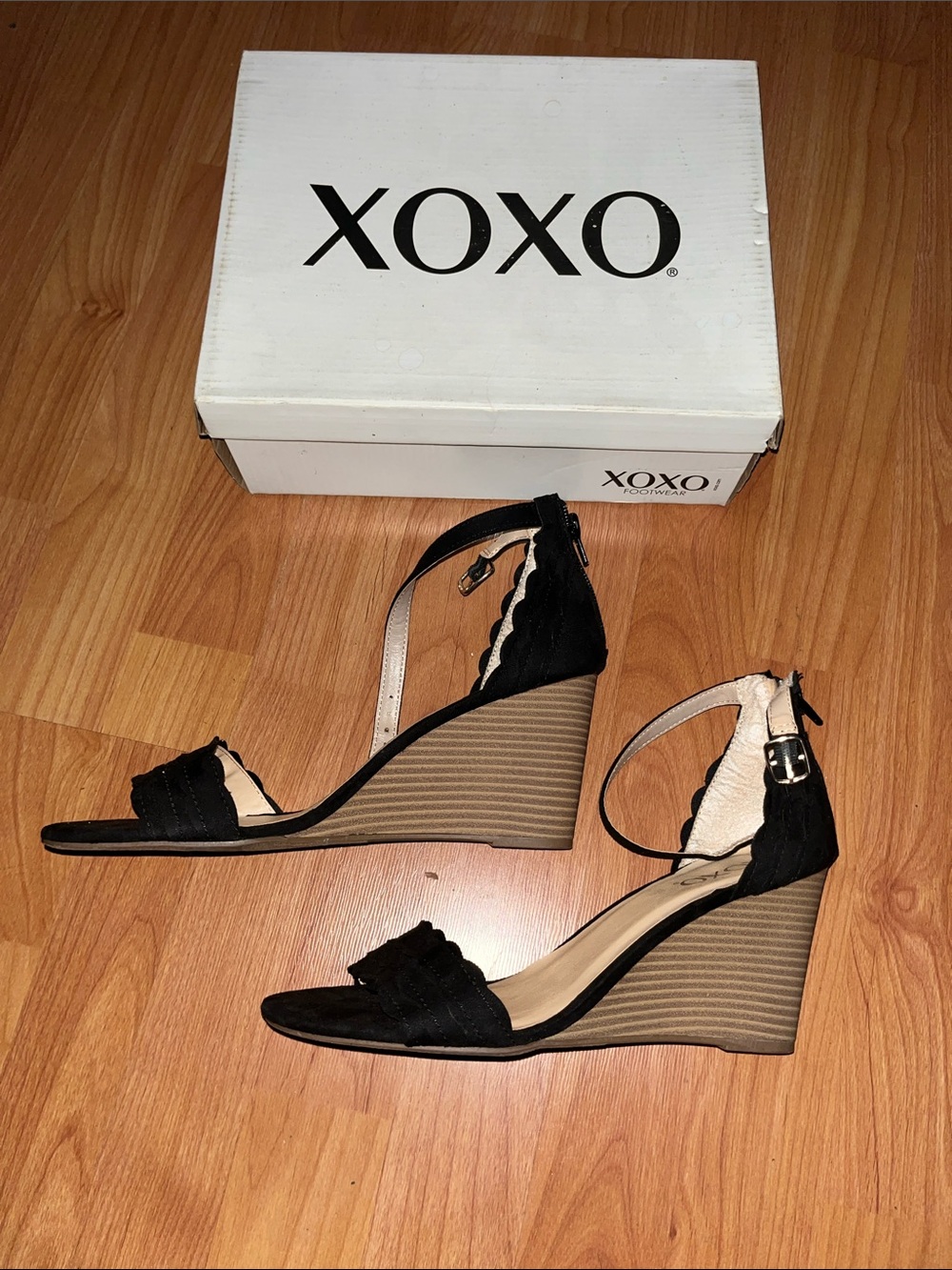 XOXO Black and Tan Wedge Sandals with Ankle Strap